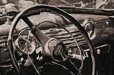 Black And White Flower Photography - Old car steering wheel warped crystal desaturate by Karl Rose