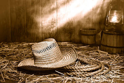 Landmarks Photos - Old Farmer Hat and Rope - Sepia by American West Legend
