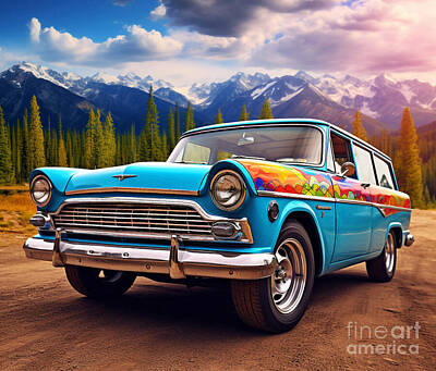 Mountain Paintings - Old Ford Ranch Wagon classic car by Eldre Delvie