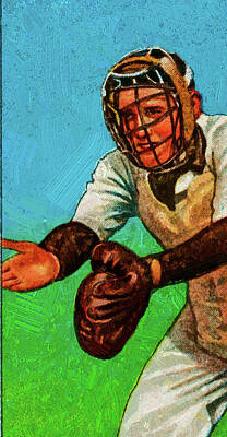 Athletes Paintings - Old Mill Fred Snodgrass Catching Baseball Game Cards Oil Painting  by Celestial Images