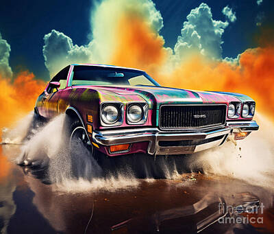 Surrealism Painting Royalty Free Images - Old Oldsmobile Cutlass classic car Royalty-Free Image by Eldre Delvie