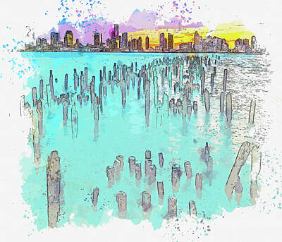 Skylines Paintings - .old Pier Poles New York City Skyline Cityscape City Lights by Celestial Images