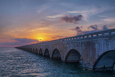 Black And White Line Drawings - Old Seven Mile Bridge at Sunrise II by Claudia Domenig
