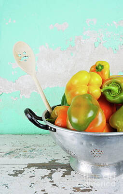 Road And Street Signs - Old strainer with multicolored  bell peppers and wooden spoon wi by Athina Psoma