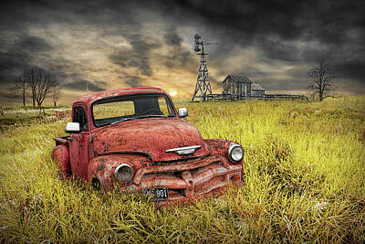 Randall Nyhof Photo Royalty Free Images - Old Vintage Red Chevy Pickup and Barn with Windmill Royalty-Free Image by Randall Nyhof