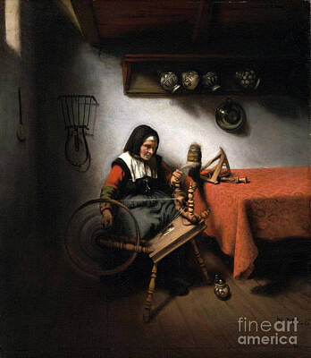 Cities Paintings - Old Woman Spinning - Nicolaes Maes by Sad Hill - Bizarre Los Angeles Archive