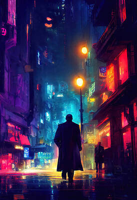 Science Fiction Paintings - On a midnight street, 01 by AM FineArtPrints