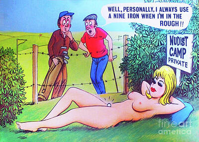 Sports Mixed Media - Oops on the golf course. Funny Postcard,  British seaside resort postcard humor. c 1950s by Jon Delorme
