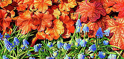 Abstract Flowers Photos - Orange Leaves and Grape Hyacinth Flowers Abstract Expressionist Effect by Rose Santuci-Sofranko