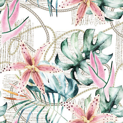 Grace Kelly - Orchids leaves and gold chains seamless pattern by Julien