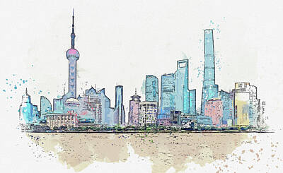 Abstract Skyline Paintings - Oriental Pearl Tower, ca 2021 by Ahmet Asar, Asar Studios by Celestial Images