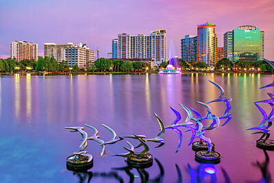 Royalty-Free and Rights-Managed Images - Orlando Skyline and Allen Memorial Fountain on Lake Eola by Gregory Ballos