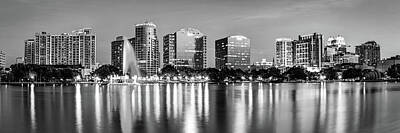 Royalty-Free and Rights-Managed Images - Orlando Skyline Monochrome Reflections - Florida Lake Eola Panorama by Gregory Ballos