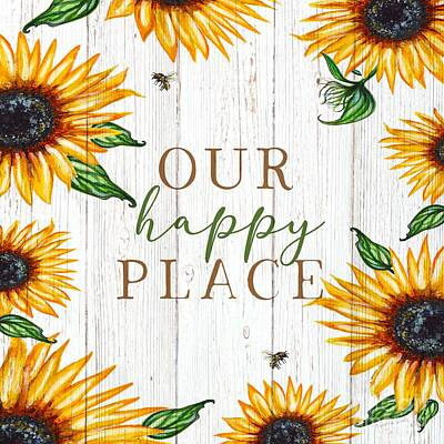 Sunflowers Paintings - Our Happy Place In Sunflowers on Wood Set 3 by Elizabeth Robinette Tyndall
