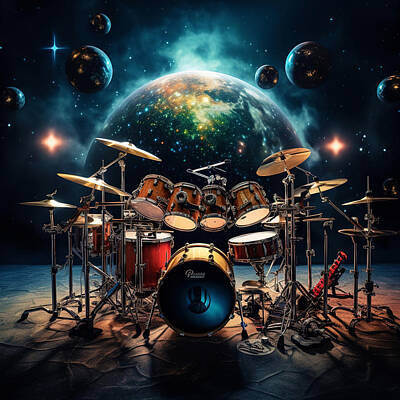 Rock And Roll Royalty-Free and Rights-Managed Images - Out Of This World Drum Set by Athena Mckinzie