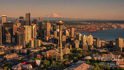 Skylines Rights Managed Images - Over Seattle in Dusk Light Royalty-Free Image by Mike Reid