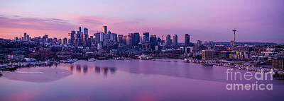 Royalty-Free and Rights-Managed Images - Over Seattle Lake Union and Cityscape Sunrise Panorama Reflection by Mike Reid