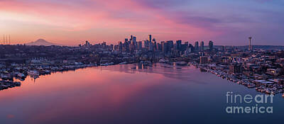Watercolor Butterflies - Over Seattle Lake Union Cityscape Panorama by Mike Reid
