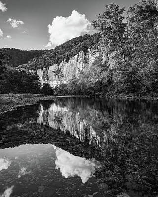 Temples - Ozark Mountain Reflections Along Roark Bluff In Black and White by Gregory Ballos