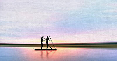 Sports Mixed Media - Paddleboarding at Sunset Silhouette - Texture by Patti Deters