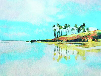 Impressionism Digital Art Rights Managed Images - Palm Trees on the Coast of Brazil Watercolor Painting Royalty-Free Image by Shelli Fitzpatrick