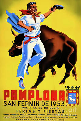Recently Sold - Mammals Drawings - Pamplona Spain Running of the Bulls Poster 1953 by M G Whittingham