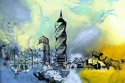 Skylines Paintings - Panama Skyline 01 by Miki De Goodaboom