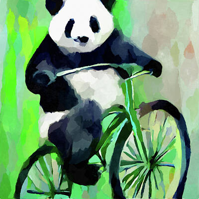 Comics Paintings - Panda Riding a Bicycle 2 by Chris Butler