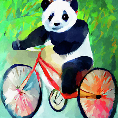 Comics Paintings - Panda Riding a Bicycle by Chris Butler