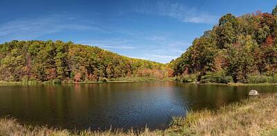 Watercolor Dragonflies - Panorama of Coopers Rock Lake in the state park with autumn and  by Steven Heap