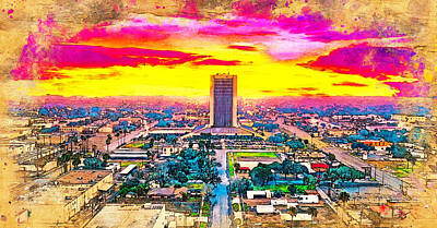 Skylines Digital Art - Panorama of downtown McAllen, Texas, at sunset - digital painting by Nicko Prints