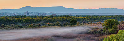 City Scenes Royalty-Free and Rights-Managed Images - Panorama of Foggy Morning over Rio Grande, Albuquerque SKyline and Manzano Mountains - New Mexico by Silvio Ligutti