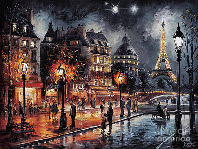Paris Skyline Paintings - Paris France skyline at night by Cortez Schinner
