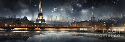 Paris Skyline Painting Royalty Free Images - Paris  Skyline cityscapeartwork in the style by Asar Studios Royalty-Free Image by Celestial Images