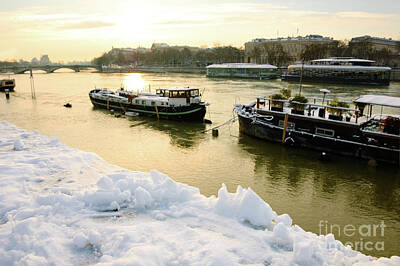 Paris Skyline Photos - Paris. Snowy day. View of Seine river with houseboats. by Elena Dijour