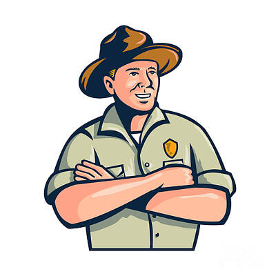 Sports Digital Art - Park Ranger or Warden with Arms Crossed Front View Mascot Retro by Aloysius Patrimonio