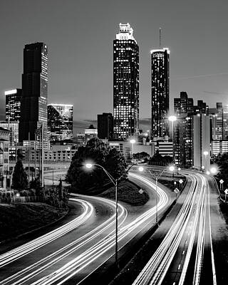 Royalty-Free and Rights-Managed Images - Parkway Light Trails and Atlanta Skyline in Black and White by Gregory Ballos