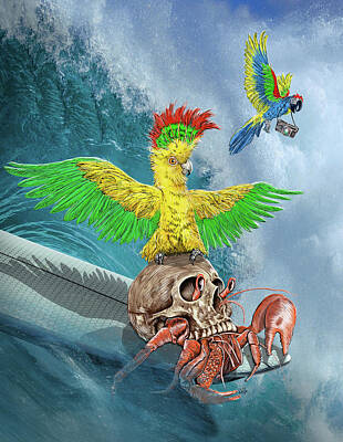 Beach Mixed Media - Parrot Skull Crab Surfer by Doug LaRue