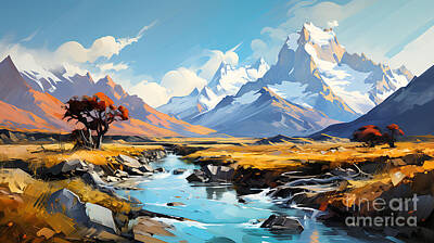 Surrealism Paintings - Patagonia Landscape in the style of Sherman by Asar Studios by Celestial Images