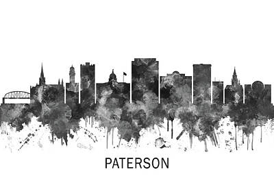 City Scenes Mixed Media - Paterson New Jersey Skyline BW by NextWay Art