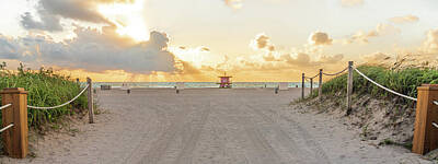 Cities Royalty Free Images - Pathway to the beach in Miami Beach Florida with ocean background at sunrise Royalty-Free Image by Maria Kray