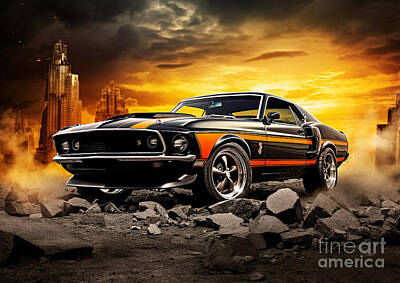 Skylines Paintings - Patina Pony 1970 Ford Mustang Shelby GT500 Muscle Car by Cortez Schinner