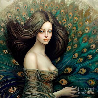 Surrealism Paintings - Peacock Girl by Mindy Sommers