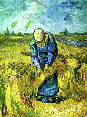 Impressionism Royalty-Free and Rights-Managed Images - Peasant Woman Binding Sheaves by Vincent Van Gogh 1889 by Vincent Van Gogh