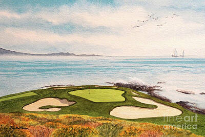 Sports Painting Rights Managed Images - Pebble Beach Golf Course Signature Hole 7 Royalty-Free Image by Bill Holkham