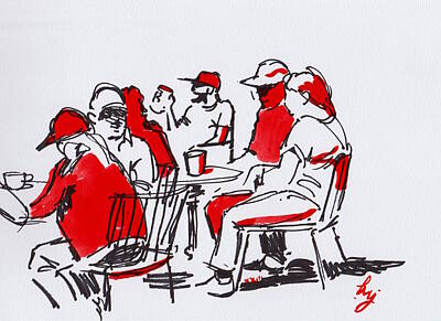 Baseball Drawings - People Sitting At Outdoor Cafe Tables Drinking Red Black Drawing by Mike Jory