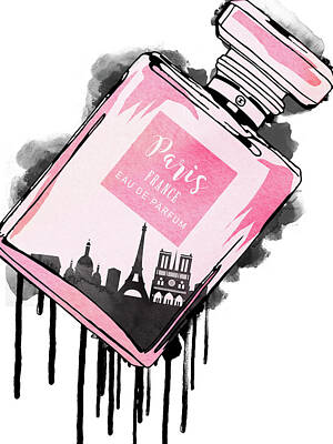 Paris Skyline Digital Art - Perfume bottle with Paris skyline dripping by Mihaela Pater