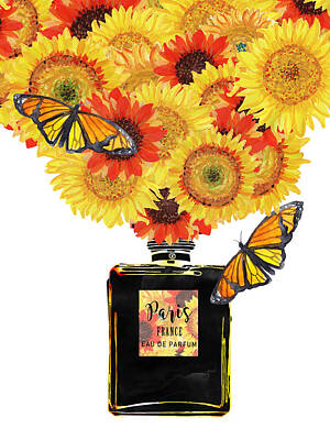 Sunflowers Royalty Free Images - Perfume bottle with sunflowers and butterfiles Royalty-Free Image by Mihaela Pater