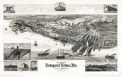 City Scenes Drawings - Perspective Map Of Newport News Virginia - Circa 1892 by War Is Hell Store
