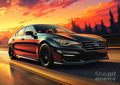 Sports Drawings - Peugeot 508 Sport Engineered Hybrid Car in the Warm Sunset Glow on a Vintage Beach by Destiney Sullivan